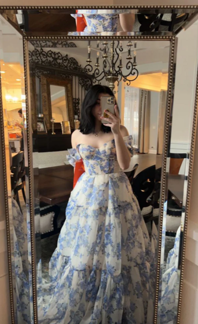 A Line Spaghetti Straps Printing Corset Prom Dress