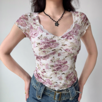 Retro Printed Lace Top Summer Short Sleeve T-Shirt - Thumbnail 2