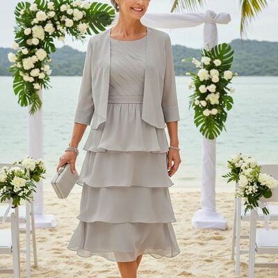 Grey chiffon tea-length mother of bride/groom dress evening formal gown