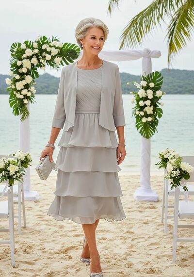 Grey Chiffon Tea-length Mother of Bride/Groom Dress Evening Formal Gown