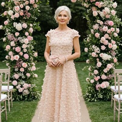 Pink a line chiffon 3d handmade flowers tea-length mother of bride/groom dress evening formal gown