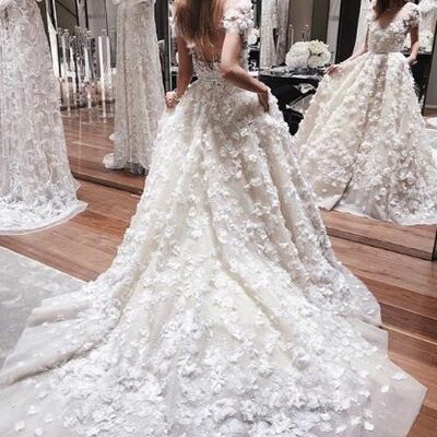  luxury floral wedding dress, lace flowers tulle wedding dress bridal gown - Thumbnail 1