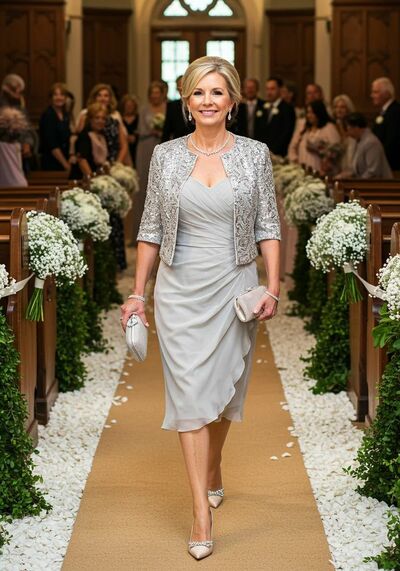 Grey Sheath with Lace Jacket Tea-length Mother of Bride/Groom Dress Evening Formal Gown