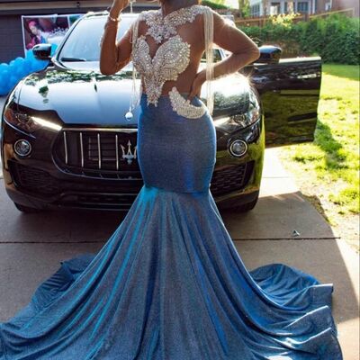 Blue sheath prom dresses for african women beading crystas birthday party dress evening formal dress