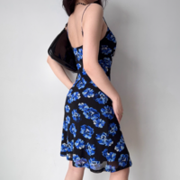 Retro blue printed suspender dress mid-length lace-up dress - Thumbnail 1