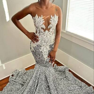 Sliver sheath prom dresses for african women beading crystals sequins lace birthday party dress evening formal dress