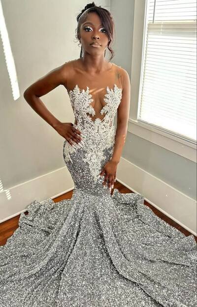 Sliver Sheath Prom Dresses for African Women Beading Crystals Sequins Lace Birthday Party Dress Evening Formal Dress
