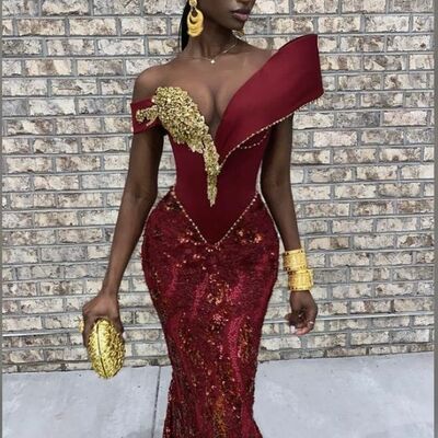 Wine red burgundy mermaid prom dresses for african women sequins lace appliques birthday party dress evening formal dress