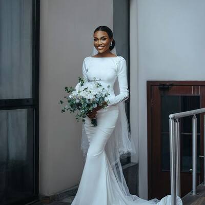 Simple mermaid wedding dress, long sleeves satin wedding dress bridal gown