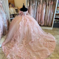 Princess Off Shoulder Pink Lace Appliques Puffy Beaded Quinceanera Dresses With Flowers  - Thumbnail 1
