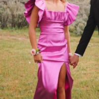 Floor Length Square Neck Flutter Sleeve Hot Pink Prom Dress with Split - Thumbnail 4