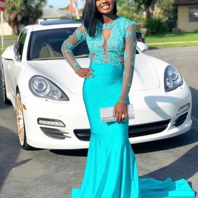 Light blue sheath prom dresses for african women lace long sleeve birthday party dress evening formal dress