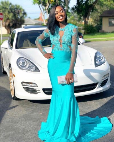 Light Blue Sheath Prom Dresses for African Women Lace Long Sleeve Birthday Party Dress Evening Formal Dress