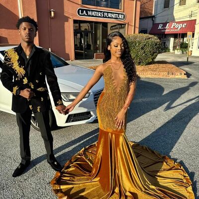 Brown mermaid prom dresses for african women beading crystals birthday party dress evening formal dress