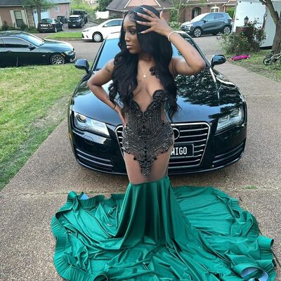 Dark green sheath prom dresses for african women beading crystals birthday party dress evening formal dress