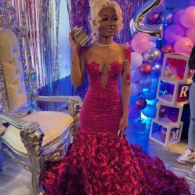 Red mermaid prom dresses for african women long sleeve lace birthday party dress evening formal dress