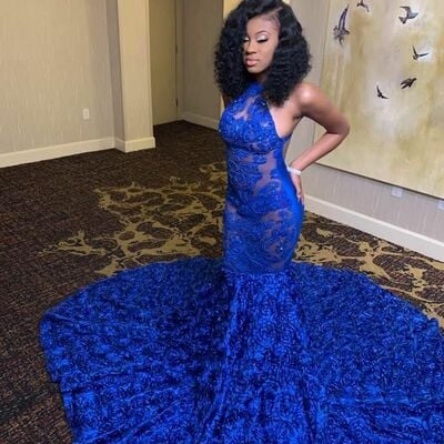 Royal blue mermaid prom dresses for african women lace birthday party dress evening formal dress
