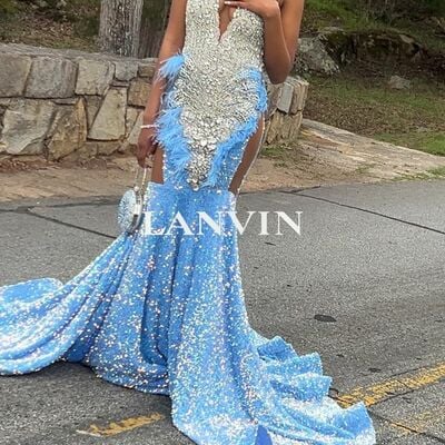 Sky blue mermaid prom dresses for african women sequins beading crystals birthday party dress evening formal dress