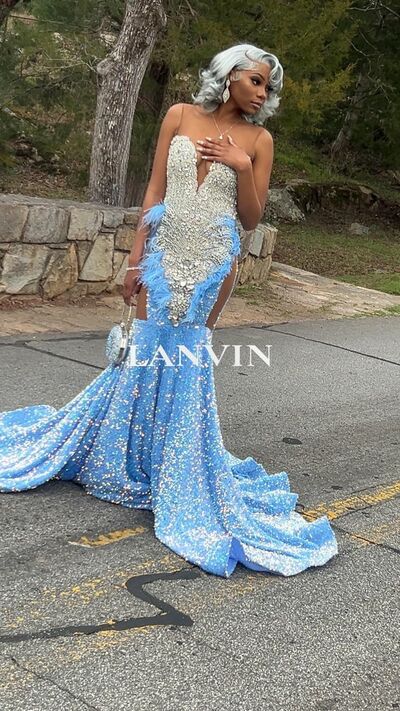 Sky Blue Mermaid Prom Dresses for African Women Sequins Beading Crystals Birthday Party Dress Evening Formal Dress