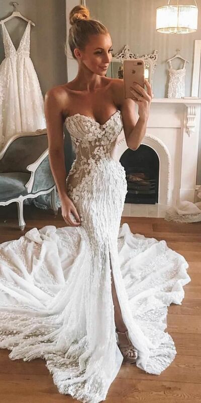 Sexy Mermaid Wedding Dress, Floral Wedding Dress Bridal Gown