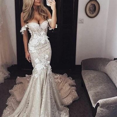  sexy mermaid wedding dress, off he shoulder floral wedding dress bridal gown