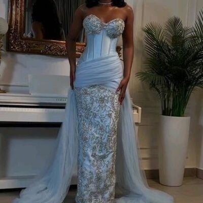 Sky blue mermaid prom dresses for african women sequins birthday party dress evening formal dress