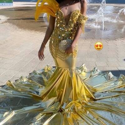 Gold mermaid prom dresses for african women beading crystals birthday party dress evening formal dress