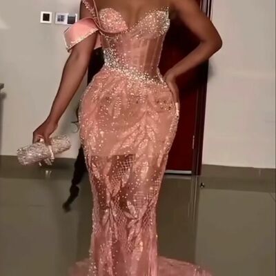 Pink mermaid prom dresses for african women sequins beading crystals birthday party dress evening formal dress