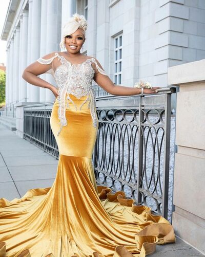 Yellow Mermaid Prom Dresses for African Women Appliques Birthday Party Dress Evening Formal Dress