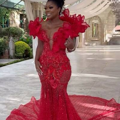 Red mermaid prom dresses for african women beading crystals sequins birthday party dress evening formal dress
