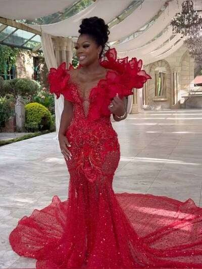 Red Mermaid Prom Dresses for African Women Beading Crystals Sequins Birthday Party Dress Evening Formal Dress
