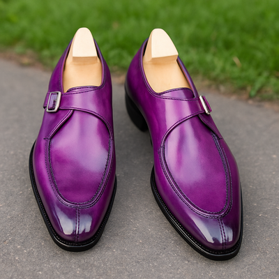 Handmade purple leather polishign single monk strap formal shoes ideal for weddings and formal wear