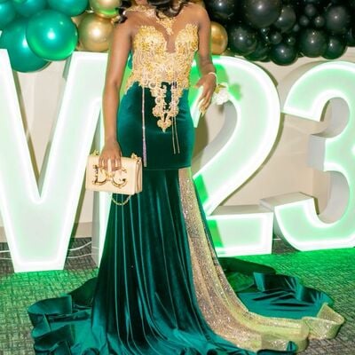 Green and gold mermaid prom dresses for african women sequins appliques birthday party dress evening formal dress