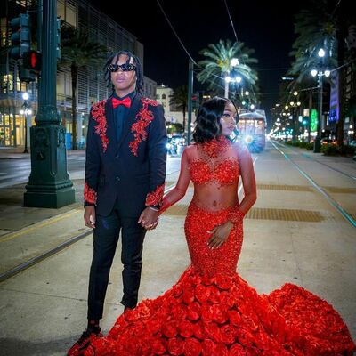 Red mermaid prom dresses for african 3d rose lace birthday party dress evening formal dress