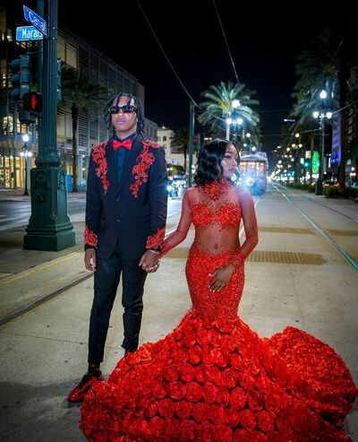 Red Mermaid Prom Dresses for African 3D Rose Lace Birthday Party Dress Evening Formal Dress