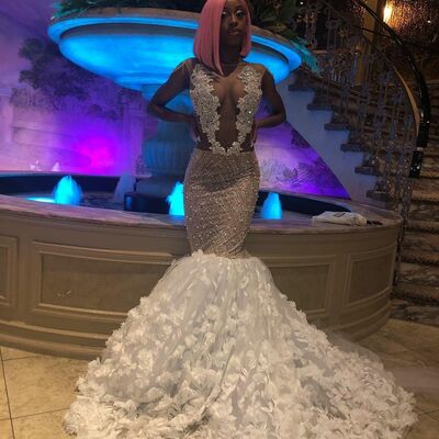 White mermaid prom dresses for african girls beading crystals birthday party dress evening formal dress