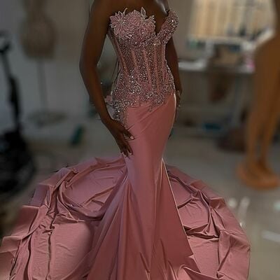 Pink mermaid prom dresses for african women beading crystals birthday party dress evening formal dress