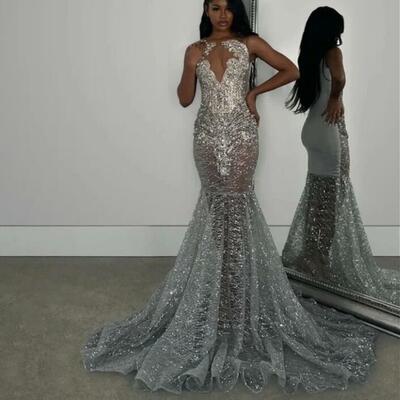 Sliver mermaid prom dresses for african women sequins beading crystals birthday party dress evening formal dress
