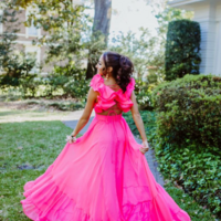 A Line V Neck Ruffle Hot Pink Chiffon Prom Dresses for Women - Thumbnail 1