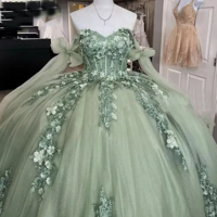 Women's Ball Gown Green Lace Applique Party Dresses - Thumbnail 1