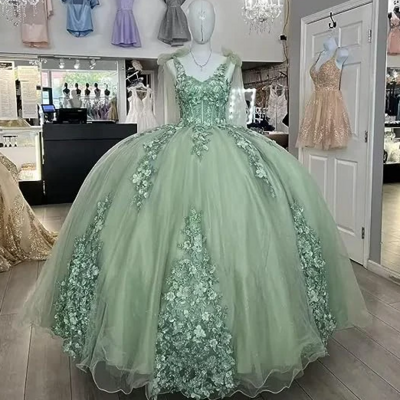 Women's ball gown green lace applique party dresses