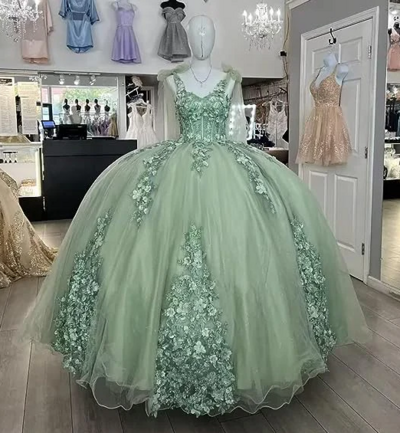 Women's Ball Gown Green Lace Applique Party Dresses