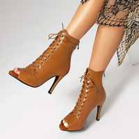 Jazz dance stiletto buckle front lace-up stage performance women's boots 3 colors - Thumbnail 6