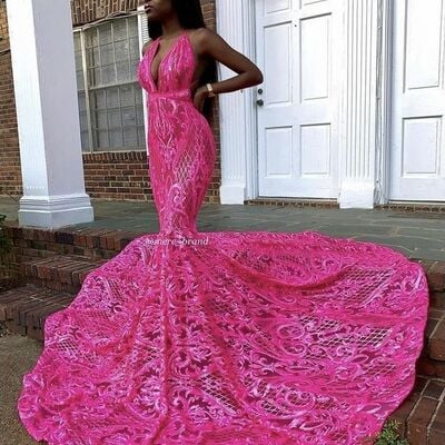 Fuchsia hot pink mermaid prom dresses for african women sequins lace birthday party dress evening formal dress