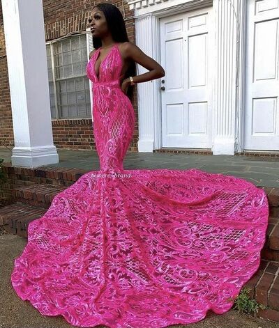 Fuchsia Hot Pink Mermaid Prom Dresses for African Women Sequins Lace Birthday Party Dress Evening Formal Dress