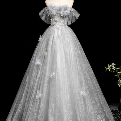 Gray tulle flowers long prom dress, beautiful a-line party dress - Thumbnail 1