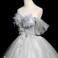 Gray Tulle Flowers Long Prom Dress, Beautiful A-Line Party Dress - Thumbnail 1