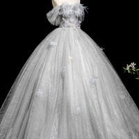 Gray Tulle Flowers Long Prom Dress, Beautiful A-Line Party Dress - Thumbnail 3