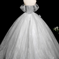 Gray Tulle Flowers Long Prom Dress, Beautiful A-Line Party Dress - Thumbnail 4