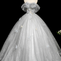 Gray Tulle Flowers Long Prom Dress, Beautiful A-Line Party Dress - Thumbnail 5